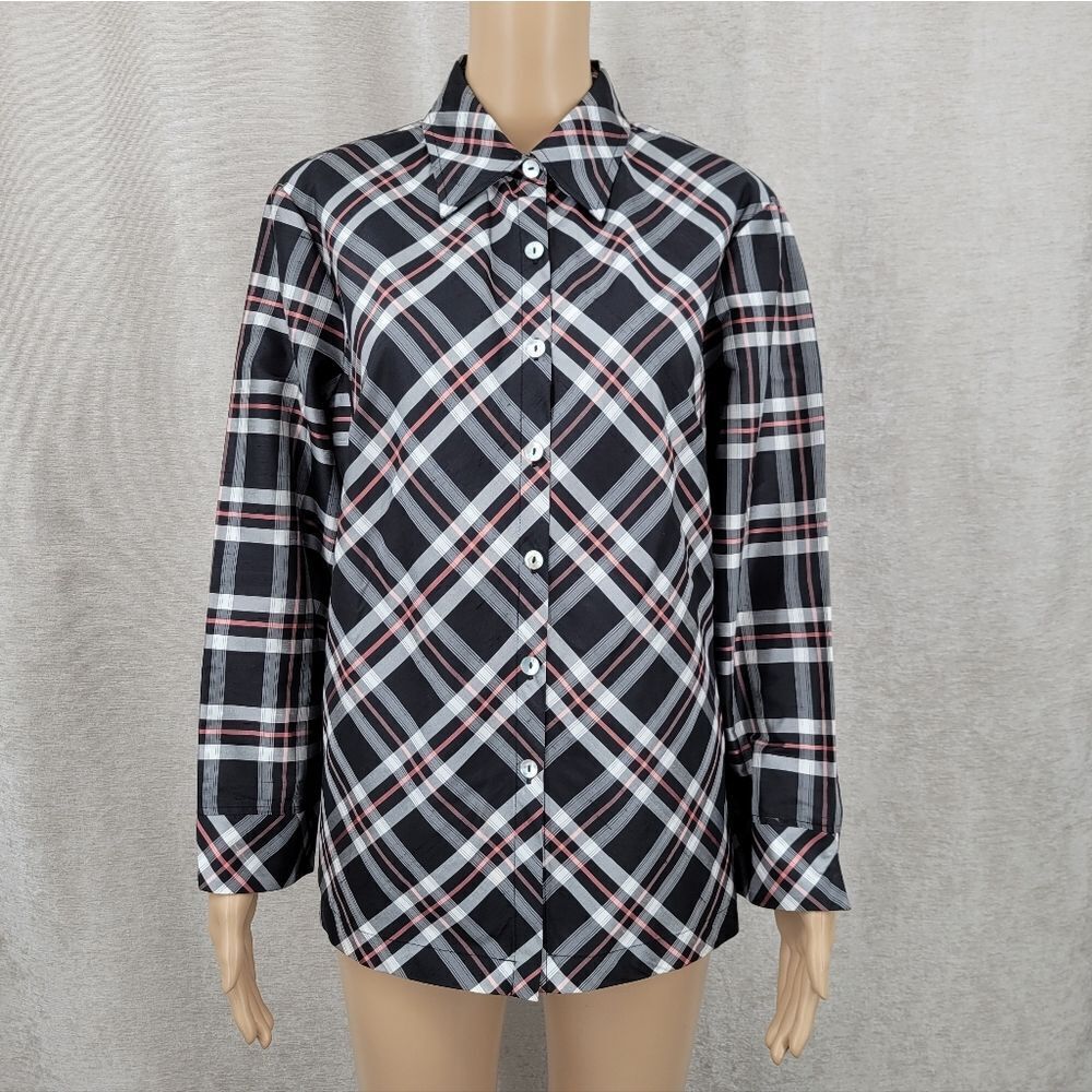 Rafael Silk Plaid Button Up Shirt Blouse Black White Pink